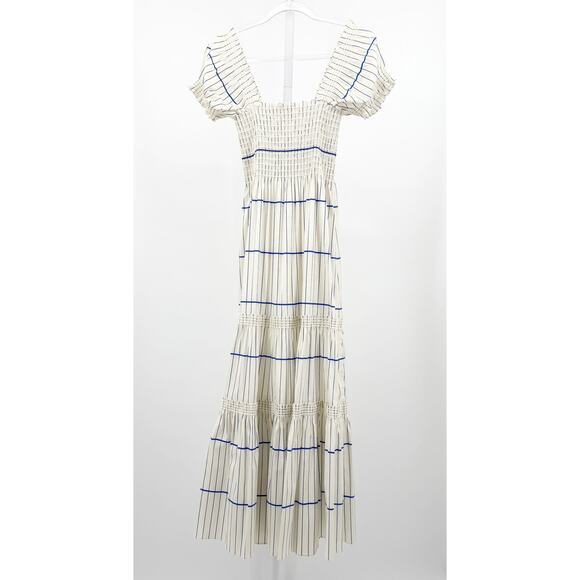 Tory Burch Striped Smocked Midi Dress Blue White XS Cotton Tiered Coastal Preppy - Picture 8 of 9